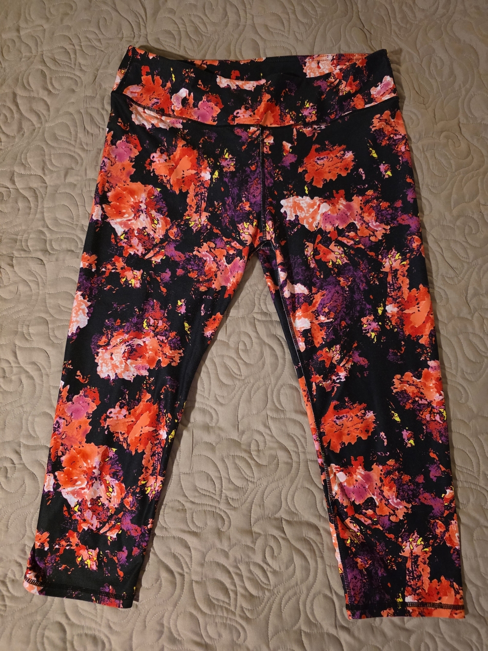 Fabletics Black Leggings with Red, Pink & Purple Abstract Print